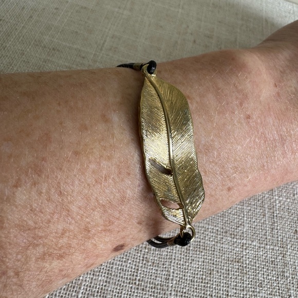Gold Charm Bracelet Gold Feather Leaf Pendant Black Cord Metal… - Picture 3 of 7
